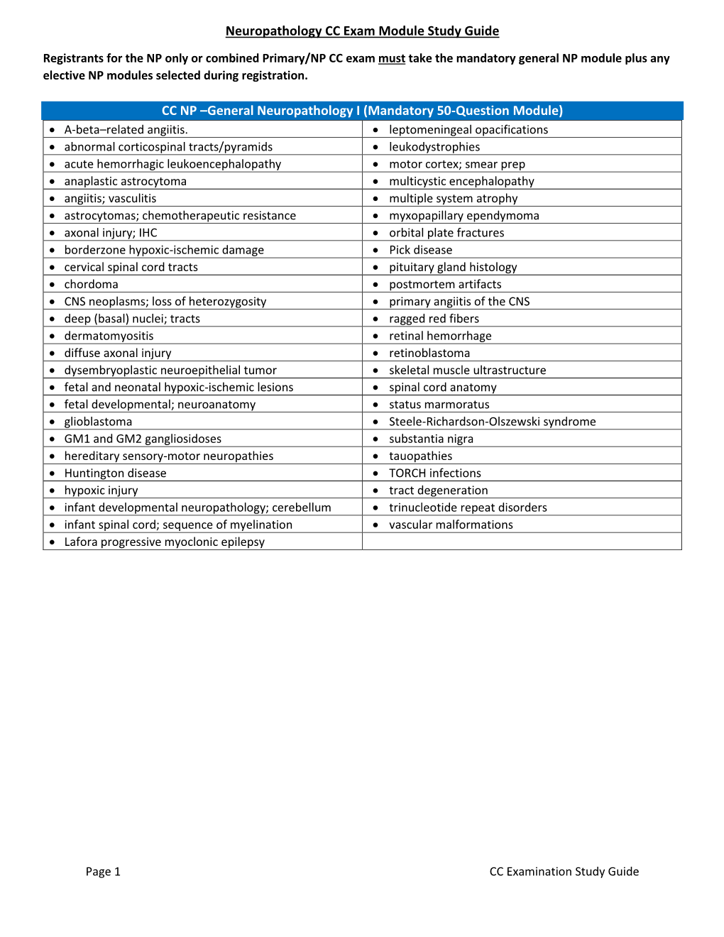 Neuropathology CC Exam Module Study Guide CC NP