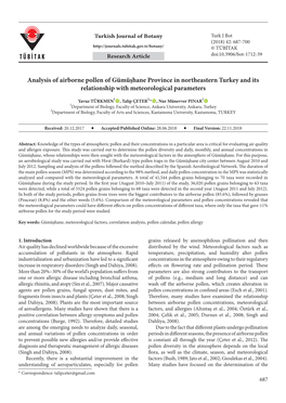 Analysis of Airborne Pollen of Gümüşhane Province in Northeastern Turkey and Its Relationship with Meteorological Parameters