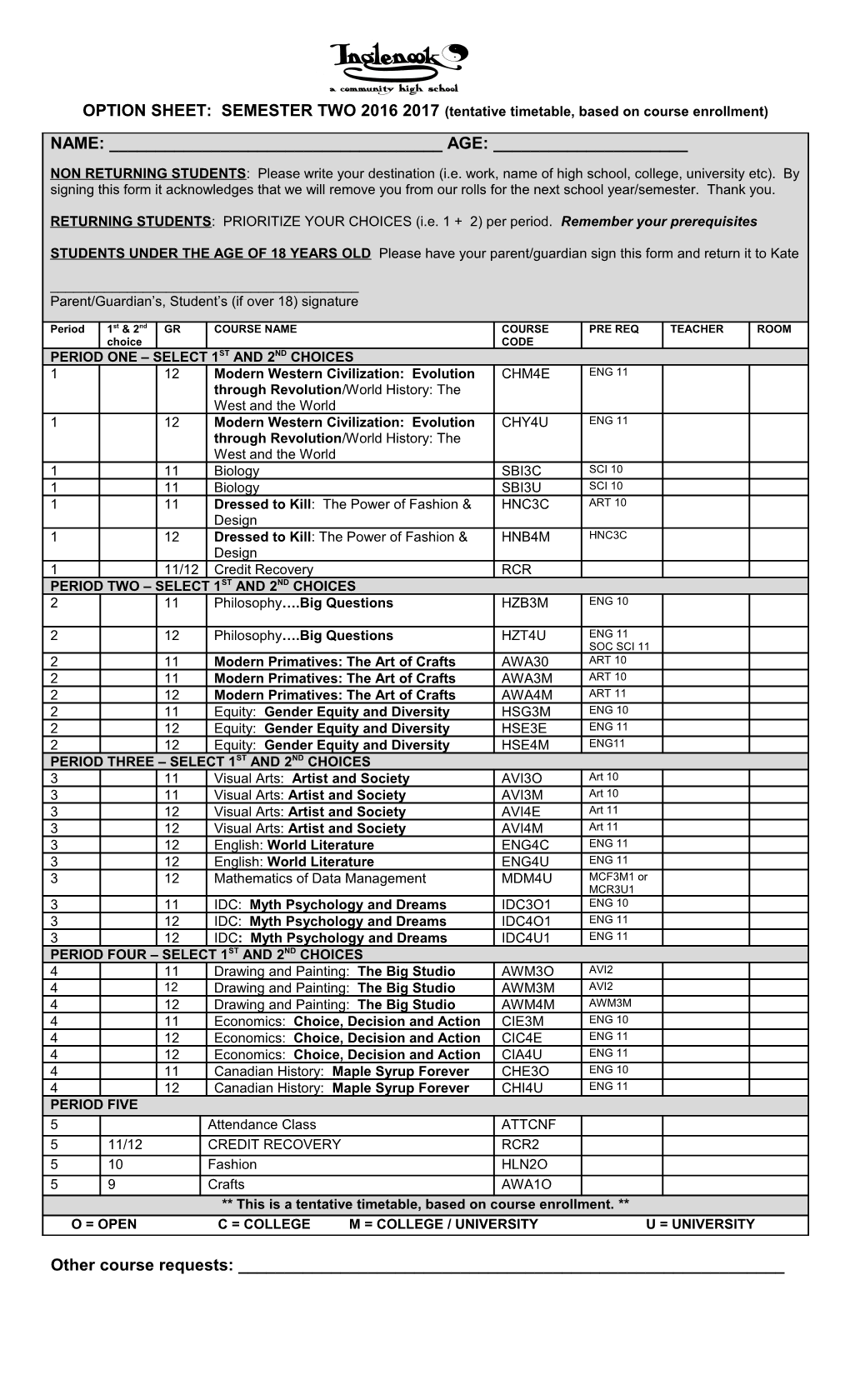 Option Sheet: Semester Two 2011-2012