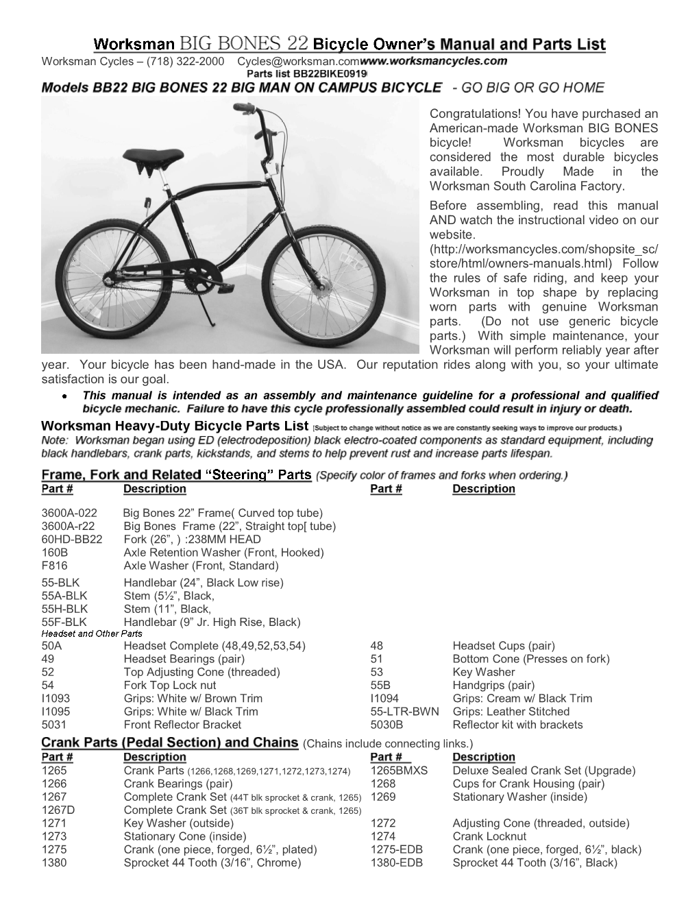 Product Manual for Big Bones Bikes