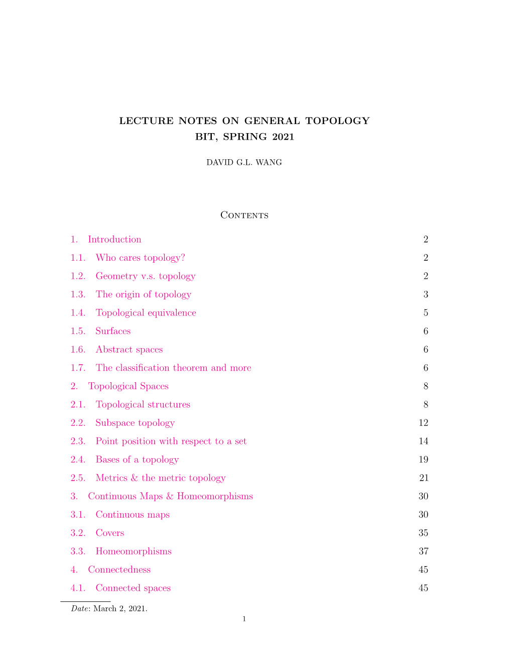 Lecture Notes on General Topology Bit, Spring 2021