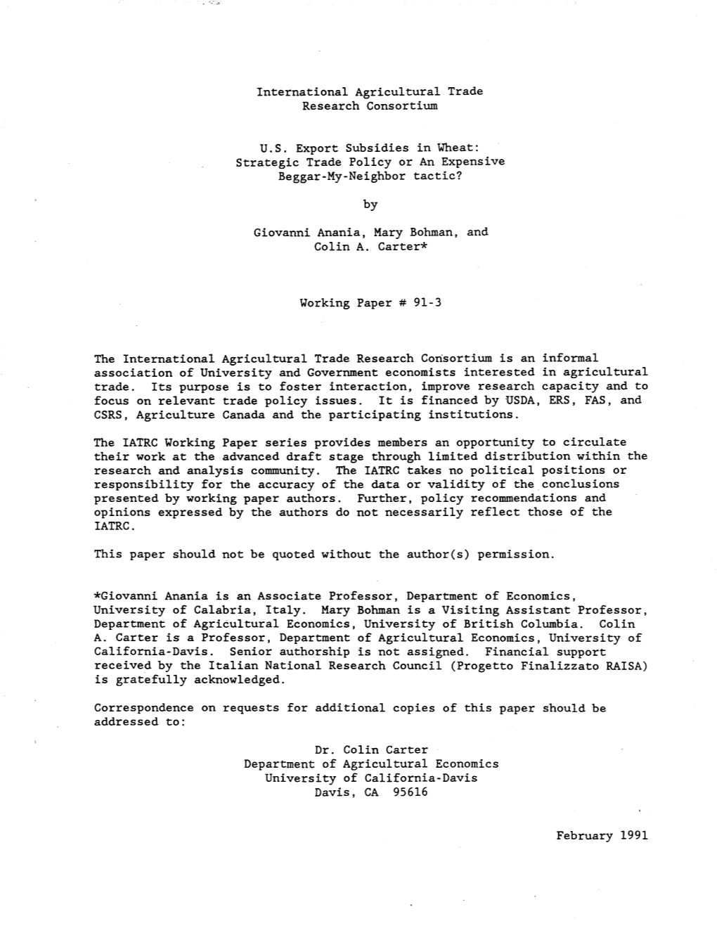 US Export Subsidies in Wheat: Strategic Trade Policy Or An