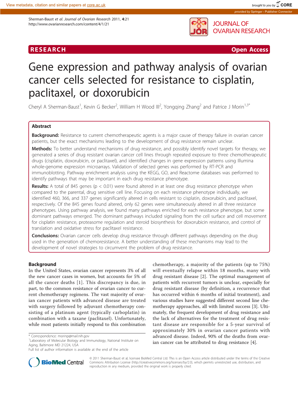 Gene Expression and Pathway Analysis of Ovarian Cancer Cells