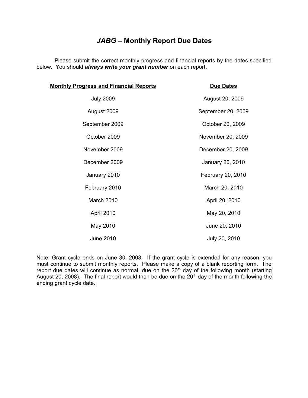 JAIBG Monthly Report Due Dates