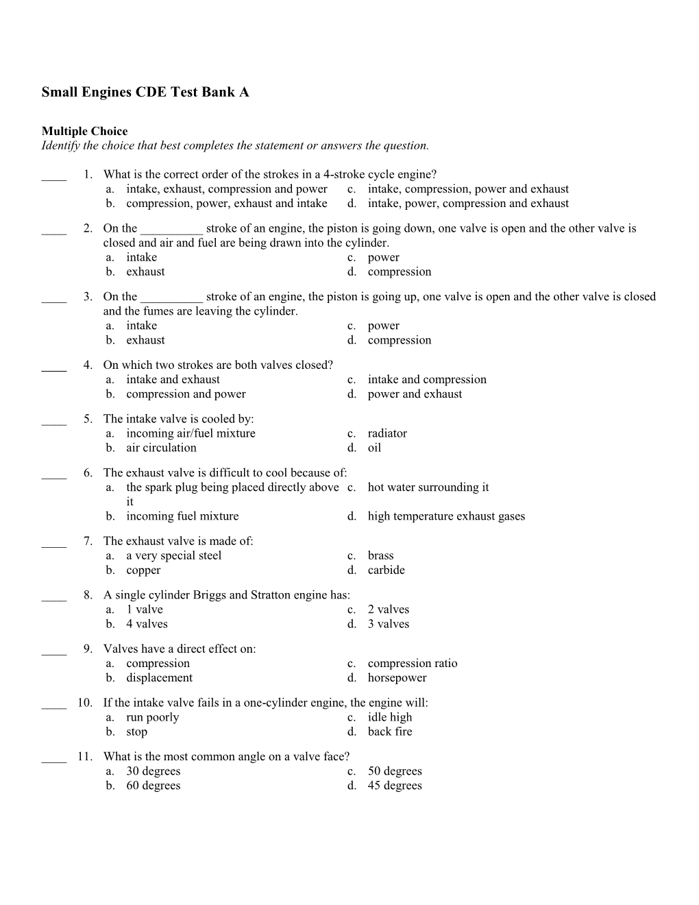 Small Engines CDE Test Bank A