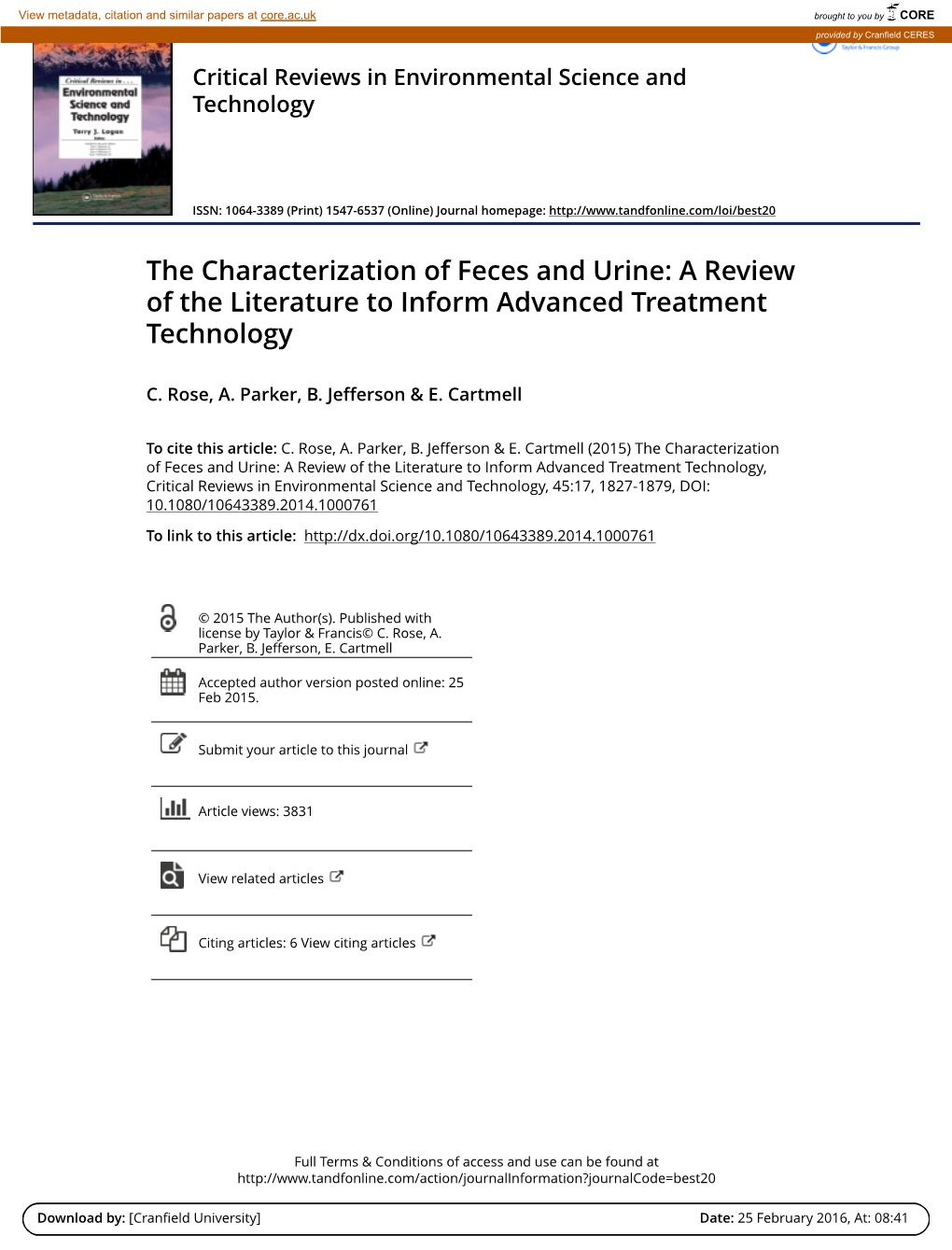 The Characterization of Feces and Urine: a Review of the Literature to Inform Advanced Treatment Technology