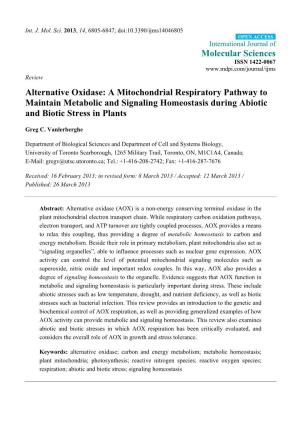 Alternative Oxidase: a Mitochondrial Respiratory Pathway to Maintain Metabolic and Signaling Homeostasis During Abiotic and Biotic Stress in Plants