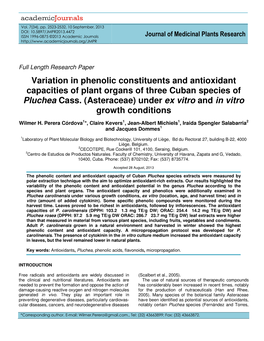 Variation in Phenolic Constituents and Antioxidant Capacities of Plant Organs of Three Cuban Species of Pluchea Cass
