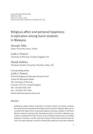 Religious Affect and Personal Happiness: a Replication Among Sunni Students in Malaysia
