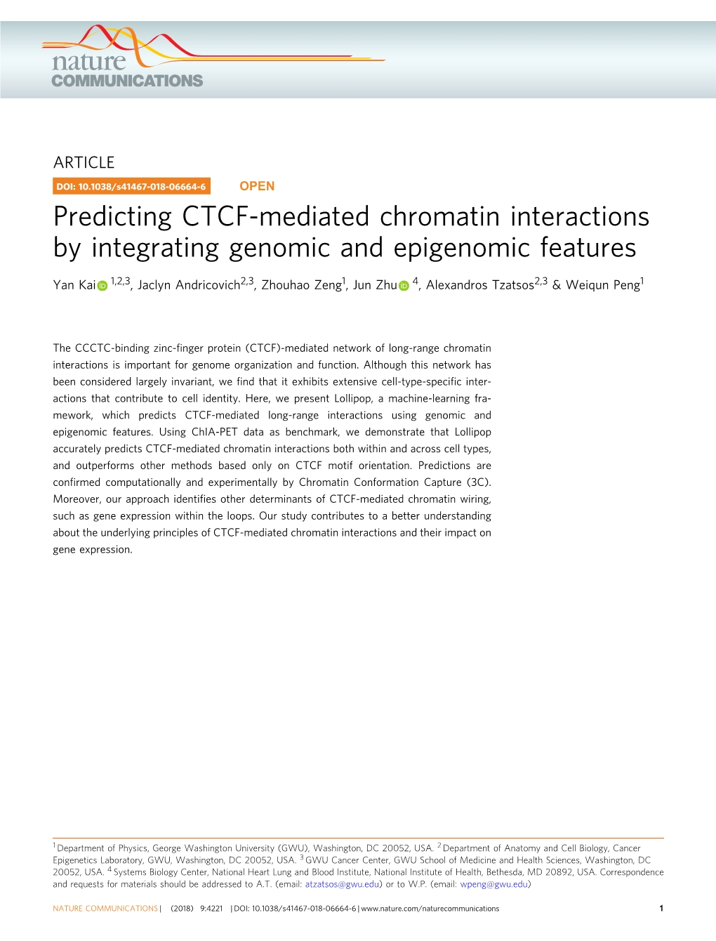 Predicting CTCF-Mediated Chromatin Interactions by Integrating Genomic and Epigenomic Features