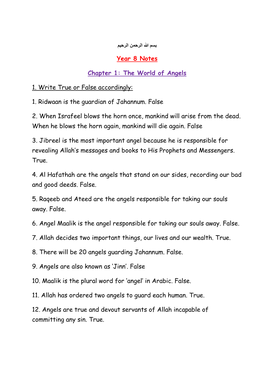 Year 8 Notes Chapter 1: the World of Angels 1. Write True Or False
