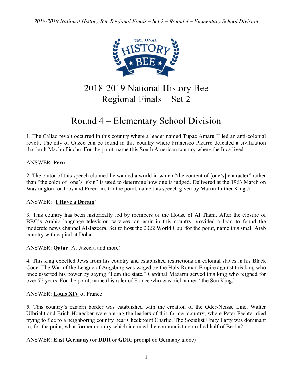 2018-2019 National History Bee Regional Finals – Set 2 Round 4