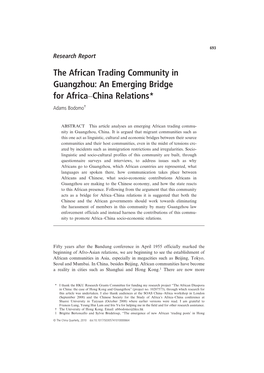 The African Trading Community in Guangzhou: an Emerging Bridge for Africa–China Relations* Adams Bodomo†