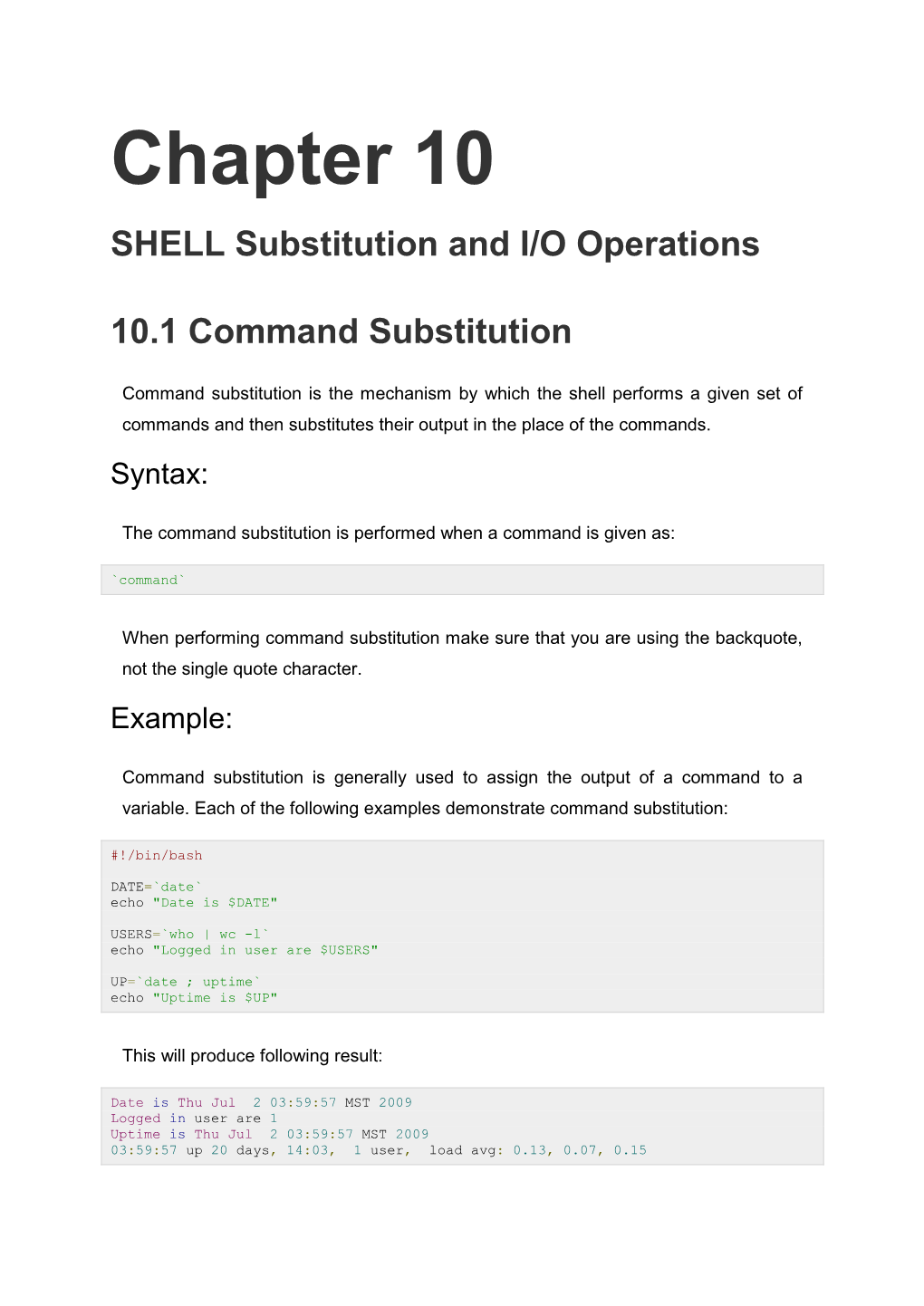 Chapter 10 SHELL Substitution and I/O Operations