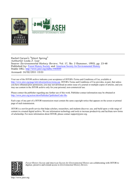 Rachel Carson's "Silent Spring" Author(S): Linda J. Lear Source: Environmental History Review, Vol