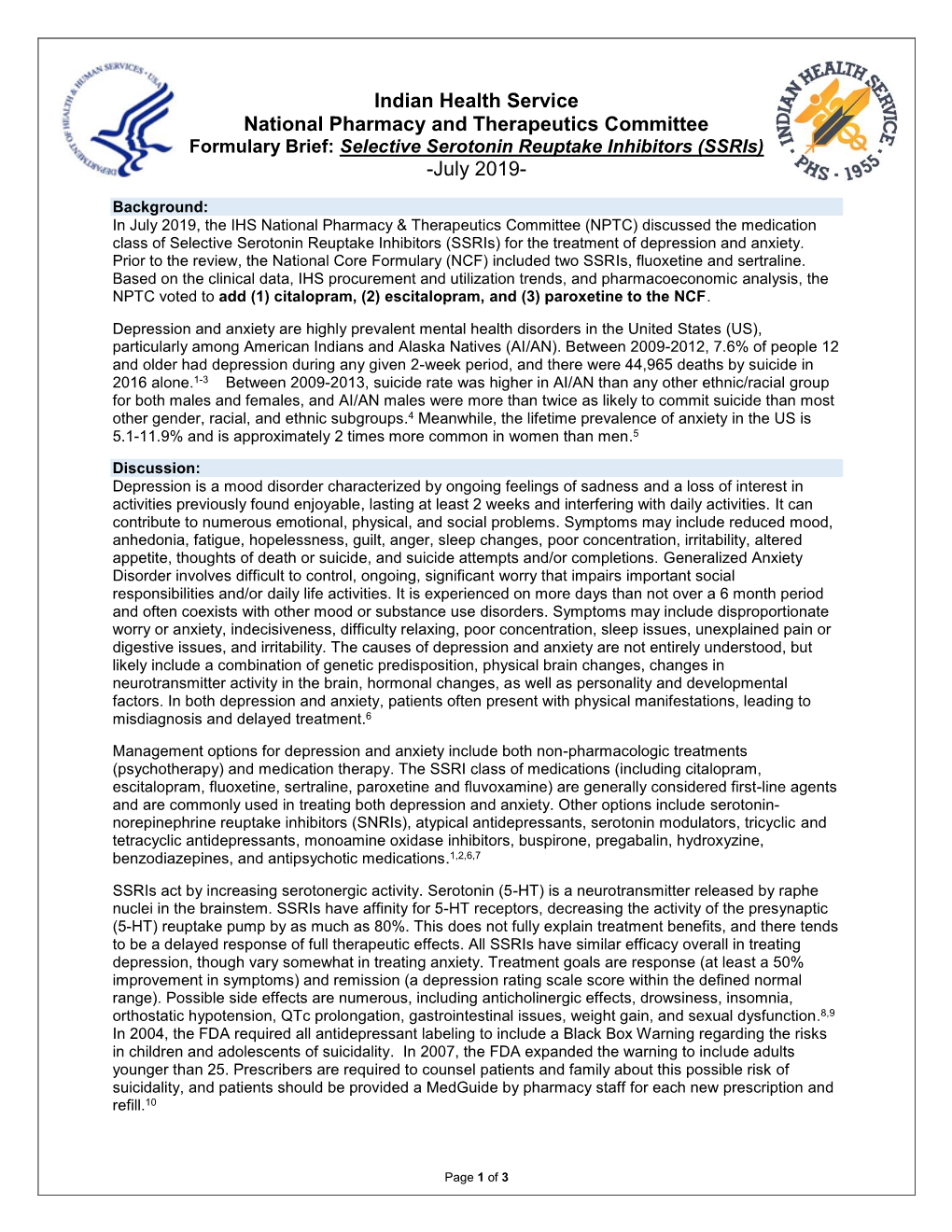 Formulary Brief: Selective Serotonin Reuptake Inhibitors (Ssris) -July 2019