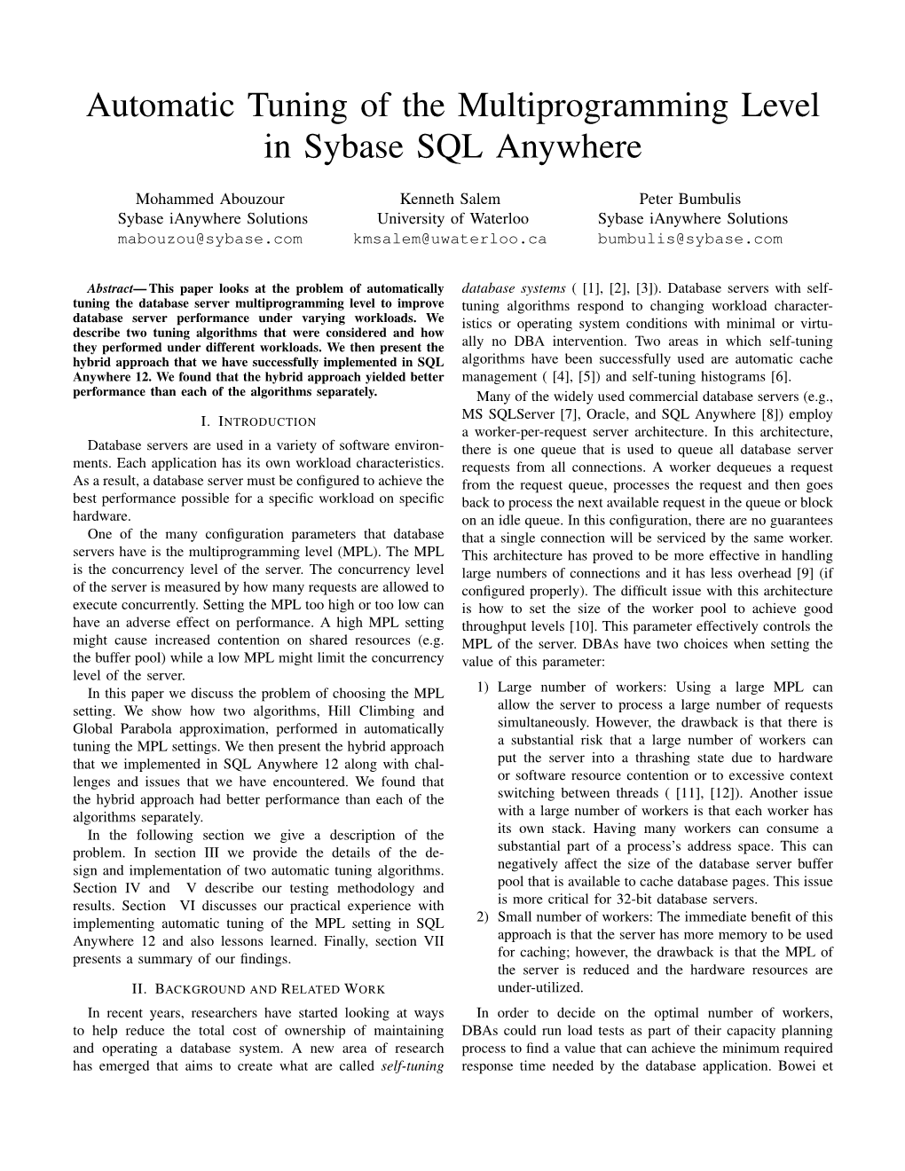 Automatic Tuning of the Multiprogramming Level in Sybase SQL Anywhere