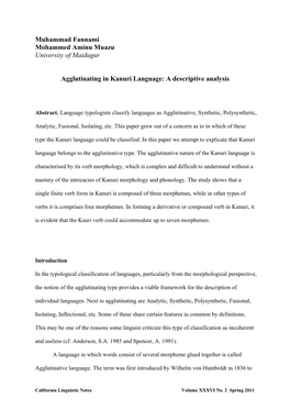 Muhammad Fannami Mohammed Aminu Muazu University of Maidugur Agglutinating in Kanuri Language: a Descriptive Analysis