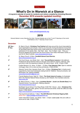 What's on in Warwick at a Glance a Long-Term Calendar of Events for Residents and Visitors Compiled by Unlocking Warwick December 2019 Onwards (Updated Monthly)