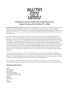 Radiohead Launches Austin City Limits New Season Season Premiere Airs October 6Th on PBS