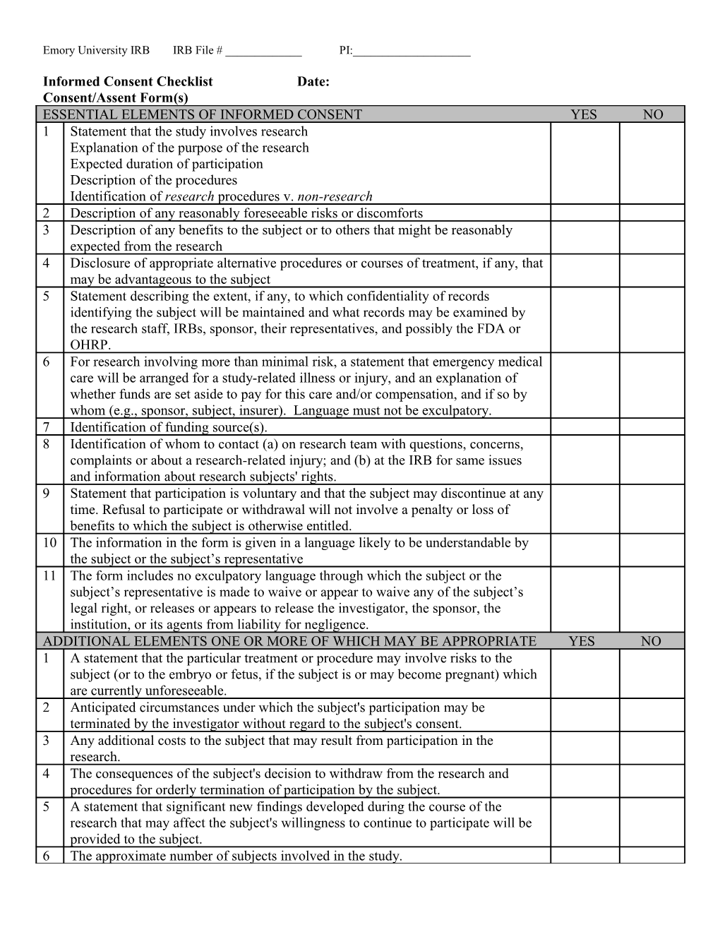 Essential Elements of Informed Consent Yes No