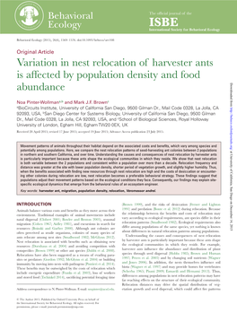 Variation in Nest Relocation of Harvester Ants Is Affected by Population Density and Food Abundance Downloaded From