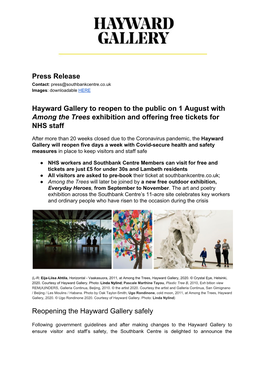 Press Release Hayward Gallery to Reopen to the Public on 1 August