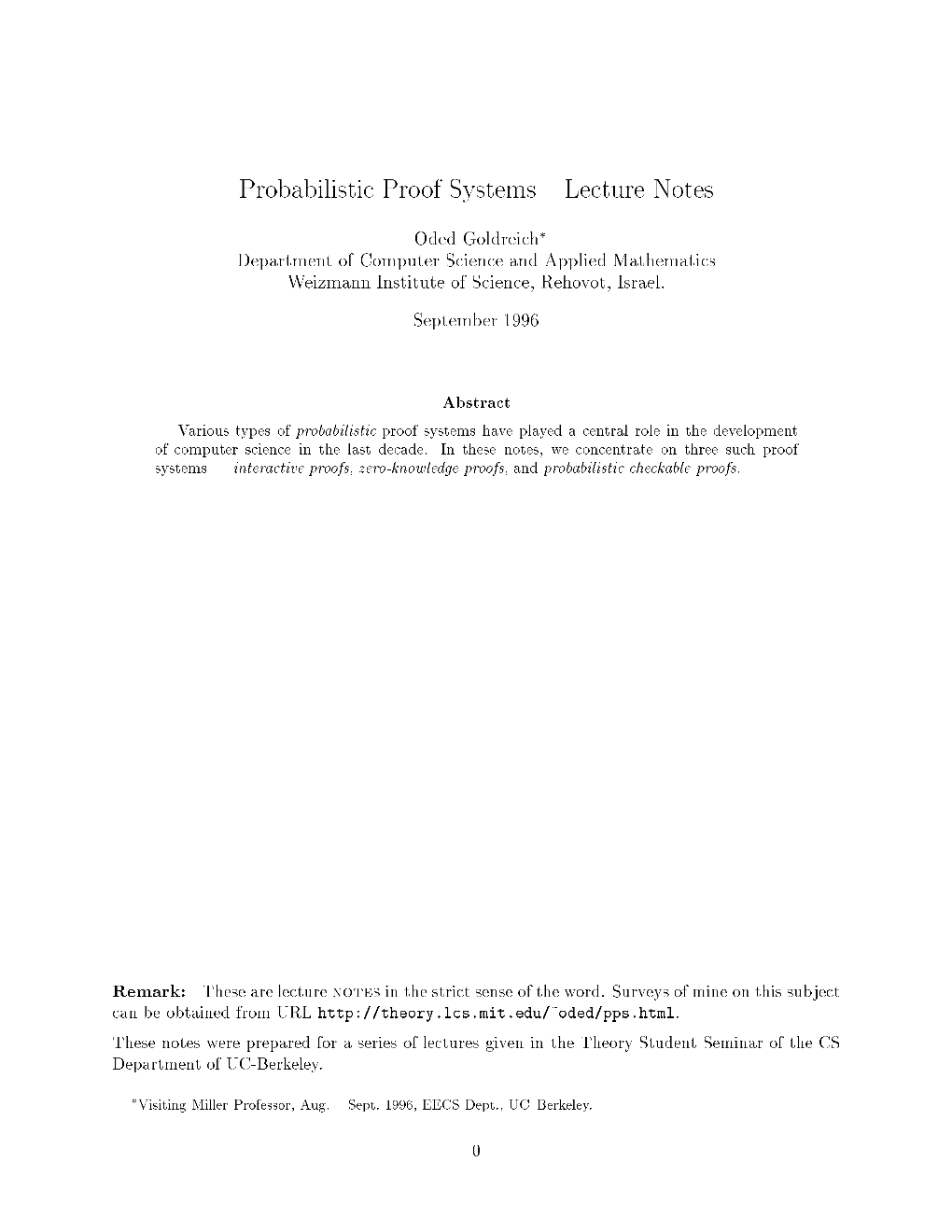 Probabilistic Proof Systems { Lecture Notes