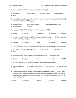 Open History of Math 2017 Mu Alpha Theta National Convention 1. Who Is Credited with Introducing the Symbol for Infinity? A. Py