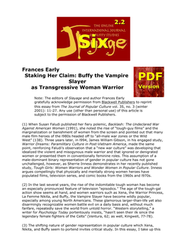 Buffy the Vampire Slayer As Transgressive Woman Warrior