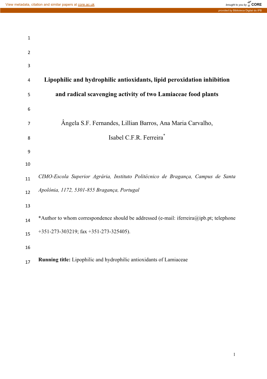 Lipophilic and Hydrophilic Antioxidants, Lipid Peroxidation Inhibition And