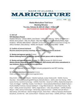 Alaska Mariculture Task Force Meeting Minutes, Thursday, February 18, 2021