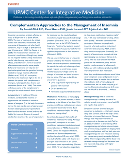 Complementary Approaches to the Management of Insomnia by Ronald Glick MD, Carol Greco Phd, Jessie Larson LMT & John Laird ND