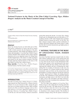National Features in the Music of the Film Called Crouching Tiger, Hidden Dragon: Analysis on the Music Creation Concept of Tan Dun