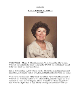 Marcia D. (Shiro) Beckerman, 98, Died Peacefully at Her Home in Waterville Surrounded by Her Family on September 2