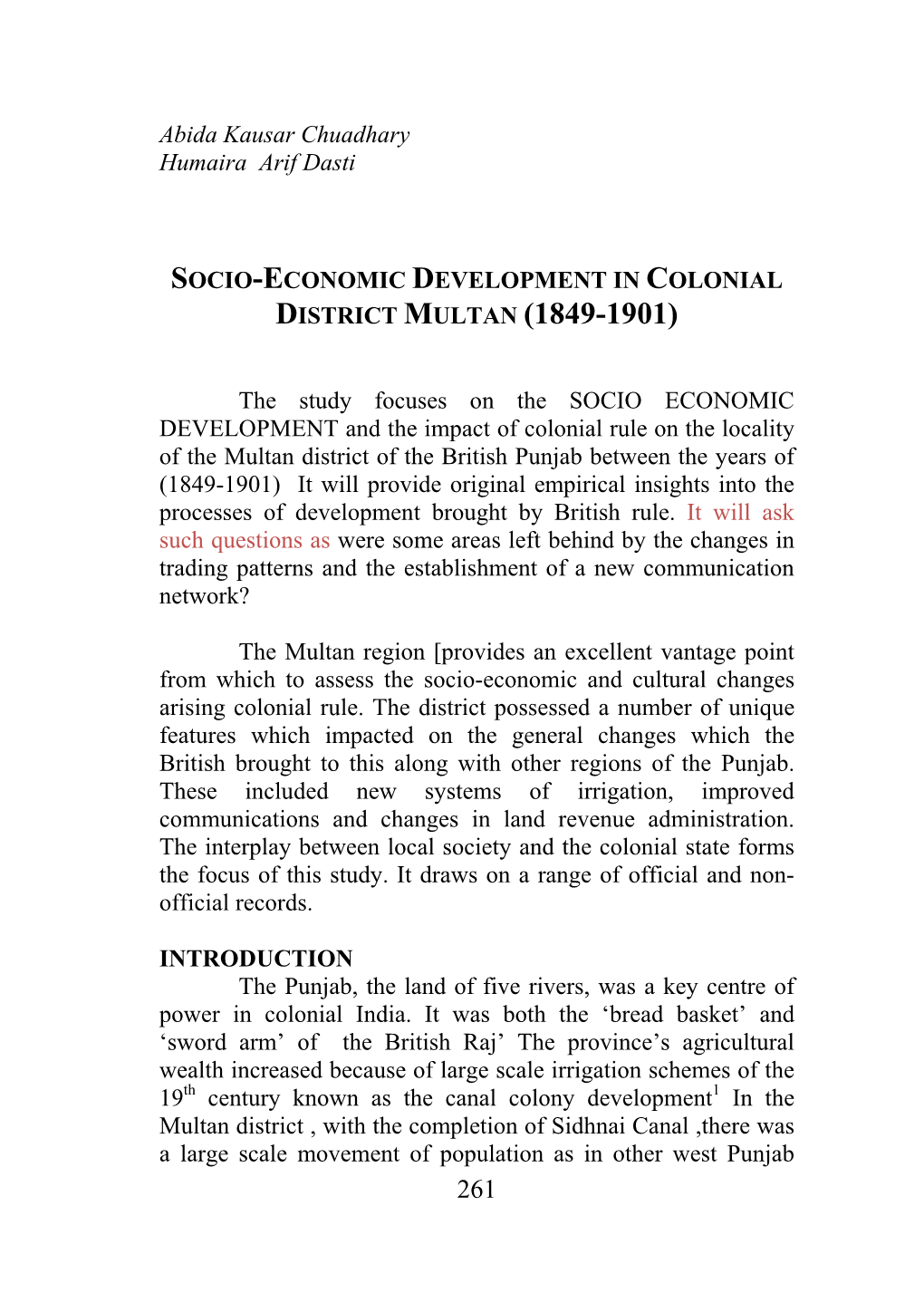 Socio-Economic Development in Colonial District Multan (1849-1901)