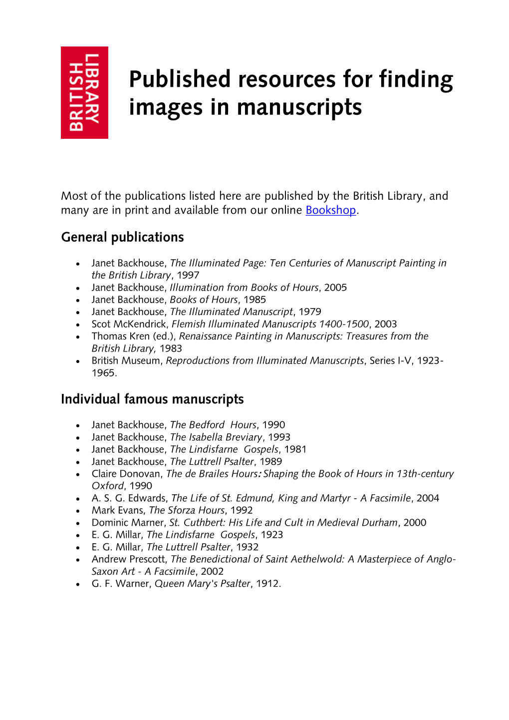 Published Resources for Finding Images in Manuscripts