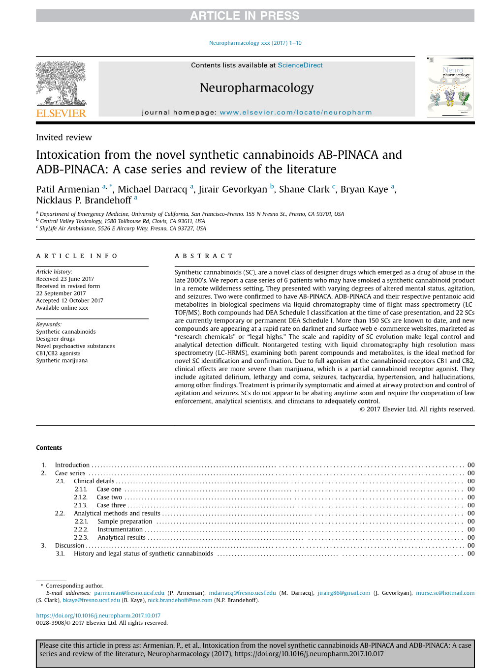 Intoxication from the Novel Synthetic Cannabinoids AB-PINACA and ADB-PINACA: a Case Series and Review of the Literature