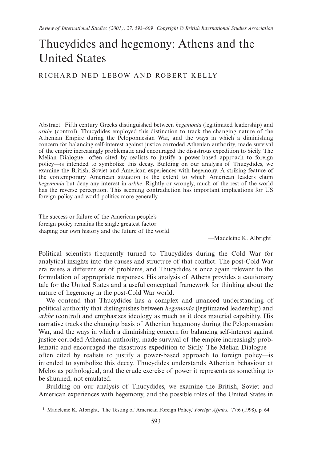 Thucydides and Hegemony: Athens and the United States