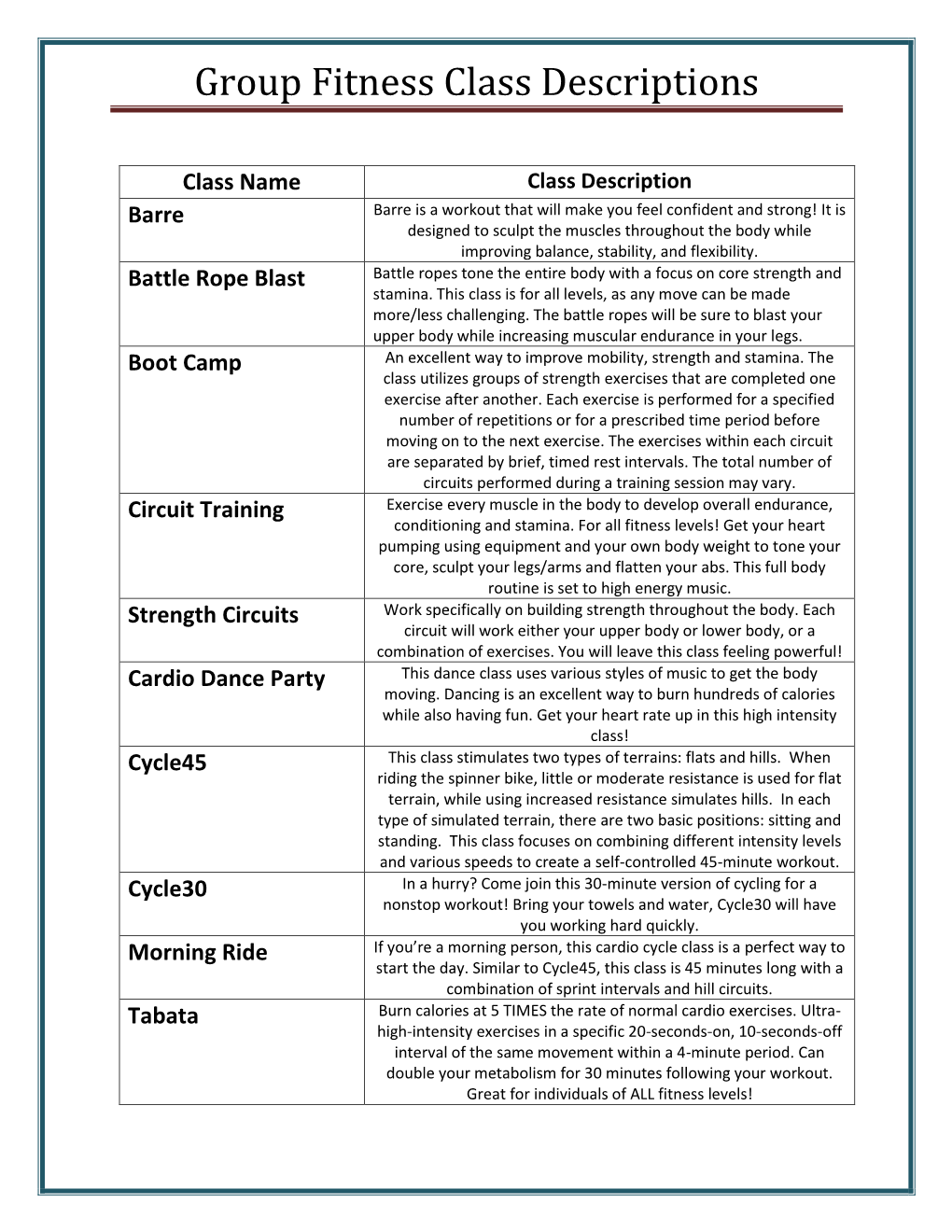 Group Fitness Class Descriptions