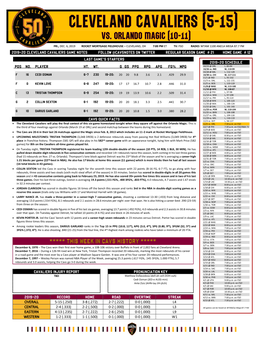 2019-20 Cleveland Cavaliers Game Notes Follow @Cavsnotes on Twitter Regular Season Game # 21 Home Game # 12