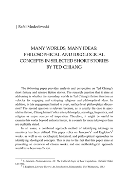 Many Worlds, Many Ideas: Philosophical and Ideological Concepts in Selected Short Stories by Ted Chiang