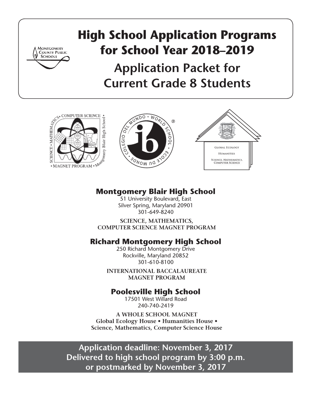 High School Application Programs for School Year 2018–2019 Application Packet for Current Grade 8 Students