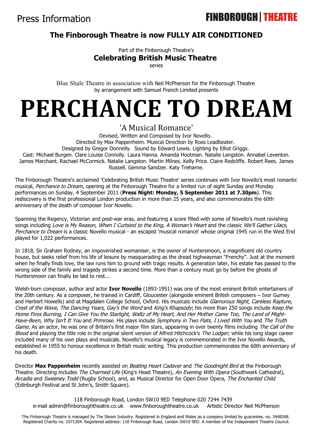 PERCHANCE to DREAM 'A Musical Romance' Devised, Written and Composed by Ivor Novello