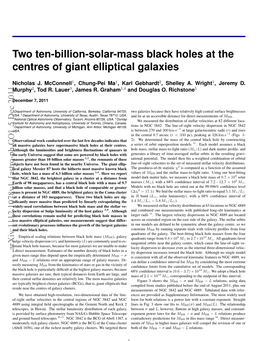 Two Ten-Billion-Solar-Mass Black Holes at the Centres of Giant Elliptical Galaxies