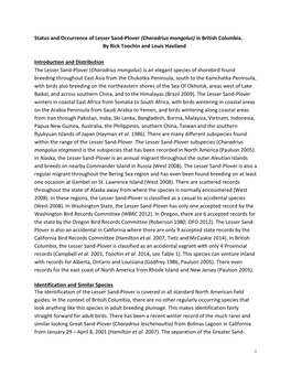 Status and Occurrence of Lesser Sand-Plover (Charadrius Mongolus) in British Columbia. by Rick Toochin and Louis Haviland Intro