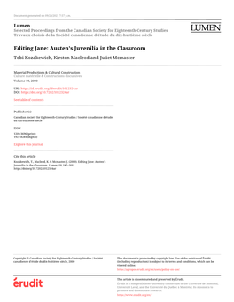 Editing Jane: Austen's Juvenilia in the Classroom Tobi Kozakewich, Kirsten Macleod and Juliet Mcmaster