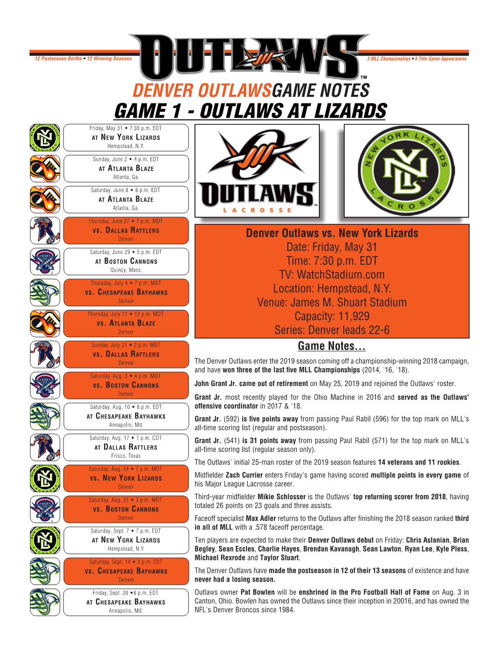 GAME 1 - OUTLAWS at LIZARDS Friday, May 31 • 7:30 P.M