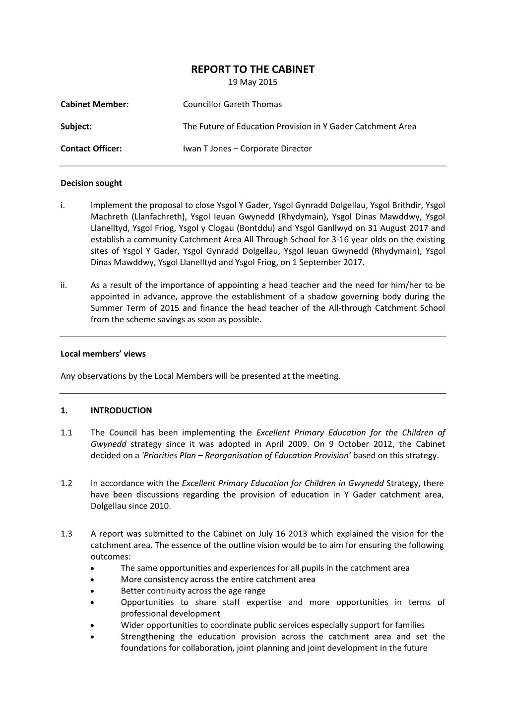 REPORT to the CABINET 19 May 2015