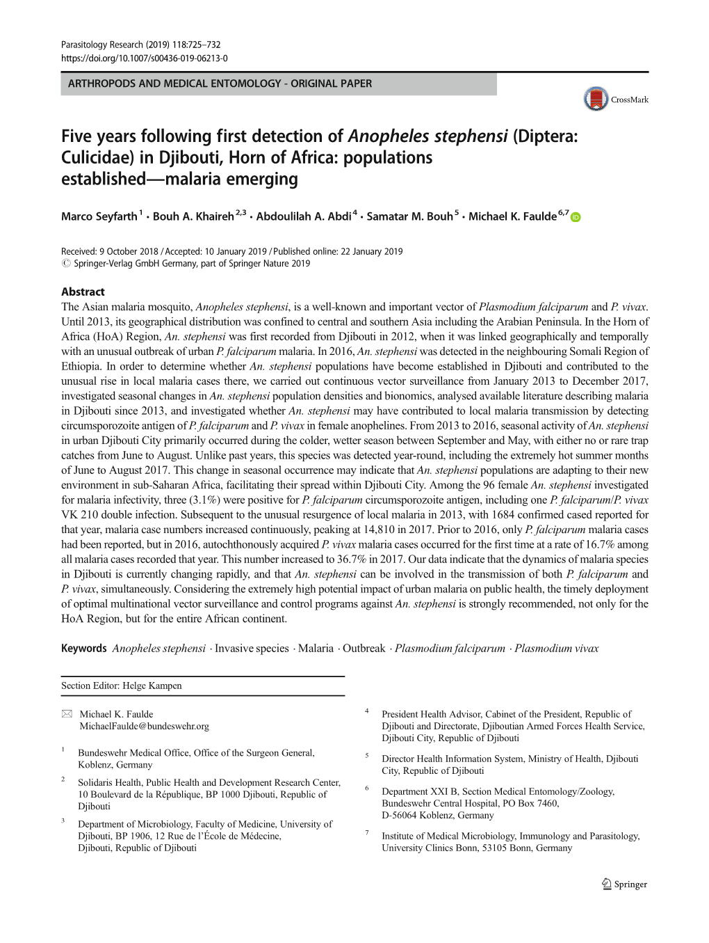 Five Years Following First Detection of Anopheles Stephensi (Diptera: Culicidae) in Djibouti, Horn of Africa: Populations Established—Malaria Emerging